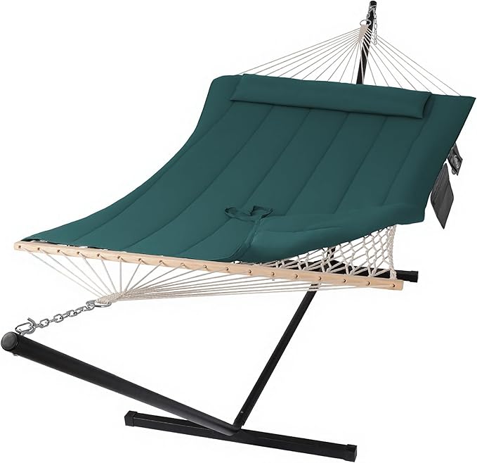 SUNCREAT Hammocks Two Person Hammock with 12ft Stand Included, Max 475lbs Capacity, Heavy Duty Free Standing Hammock, Dark Green