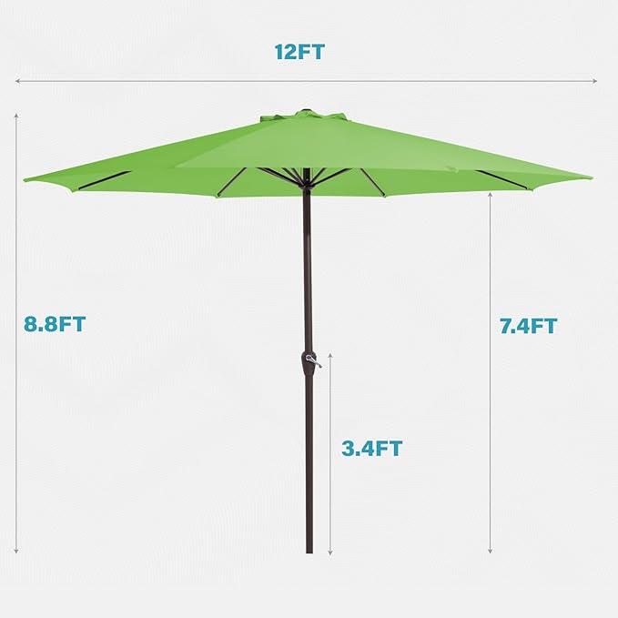MEWAY 12ft Patio Umbrella Outdoor Table Umbrellas with Crank, Market Umbrella 8 Sturdy Ribs for Deck, Garden, Pool and Backyard, Grass Green