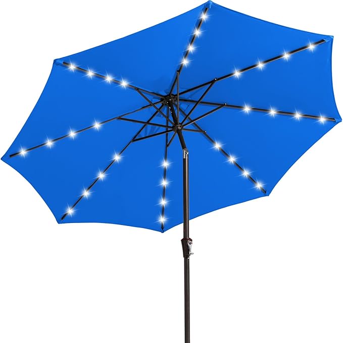 JEAREY 9FT Outdoor Patio Umbrella with Solar Lights, LED Lighted Pool Umbrella with Tilt and Crank, Outdoor Table Umbrellas for Deck, Yard & Market (Royal Blue)
