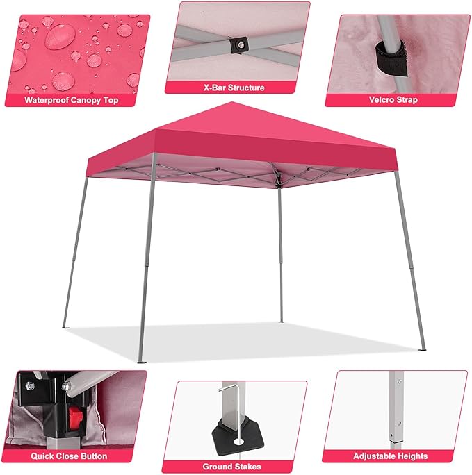 Canopy Tent, 10X10 FT Pop Up Canopy Outdoor Instant Tent Slant Legs with Carrying Bag, Portable Gazebo Shelter for Patio Deck Garden and Beach - 8X8 FT Canopy Cover (Red)