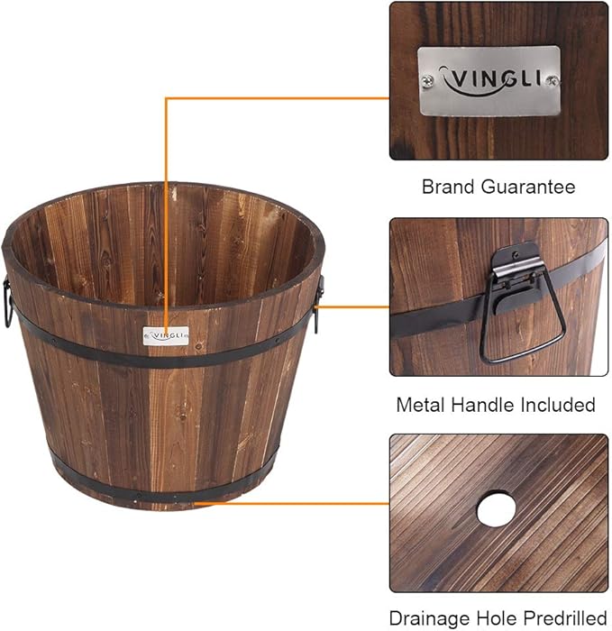 VINGLI 3 PCS Large Wooden Planter Barrel Set, 11.5"(Dia)- 18"(Dia) Real Wood Indoor/Outdoor Flower Pot w/Drainage Holes, Different Sizes, Large Garden Container Box