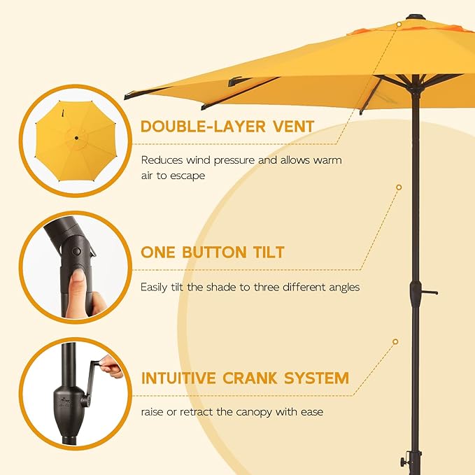 Abba Patio 9FT Lyon Outdoor Patio Umbrella Outdoor Table Umbrella with Crank Market Umbrella 8 Sturdy Ribs UV Protection Waterproof and Push Button Tilt for Garden Deck Backyard Pool,Yellow