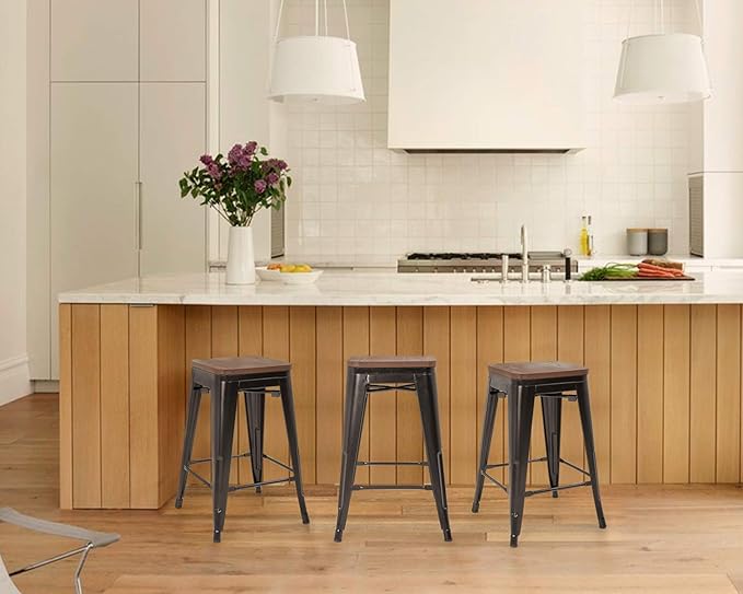 FDW Metal Bar Stools Set of 4 Counter Height Bar Stools 24 Inches Industrial Bar Chairs Patio Stool Stackable Backless Stool Indoor Outdoor Metal Kitchen Stools Bar Chairs (Black with Wood, 24")