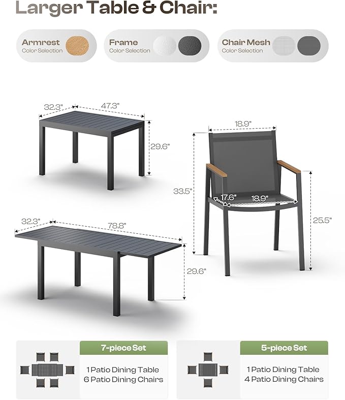 Expandable Outdoor Patio Dining Table Set for 6-8 Person, Aluminum Outdoor Table and 4 Chairs with Textilene Fabric & HDPS Armrest, All-Weather Patio Furniture Set for Yard, Garden, Gray