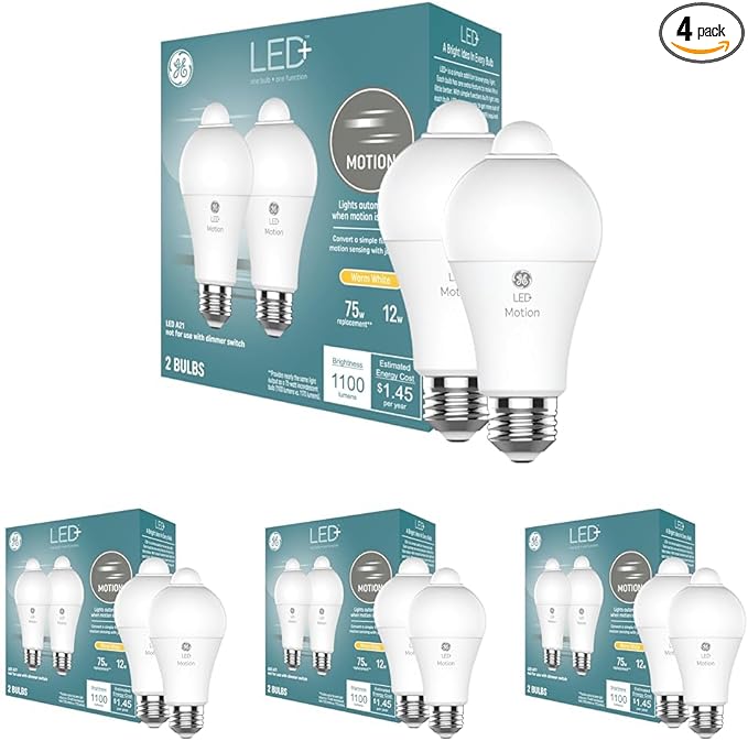 GE LED+ Motion Sensor LED Light Bulbs, 12W, Outdoor Security Lights, A21, Warm White (2 Count)(Pack of 4)
