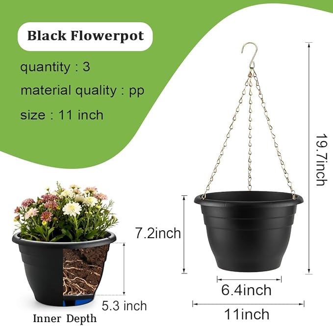 Hanging Planters 11 Inch, 3 Pcs Flower Pots with Drainage Hole, Self Watering Hanging Basket for Indoor Outdoor Plants, Decor, Black