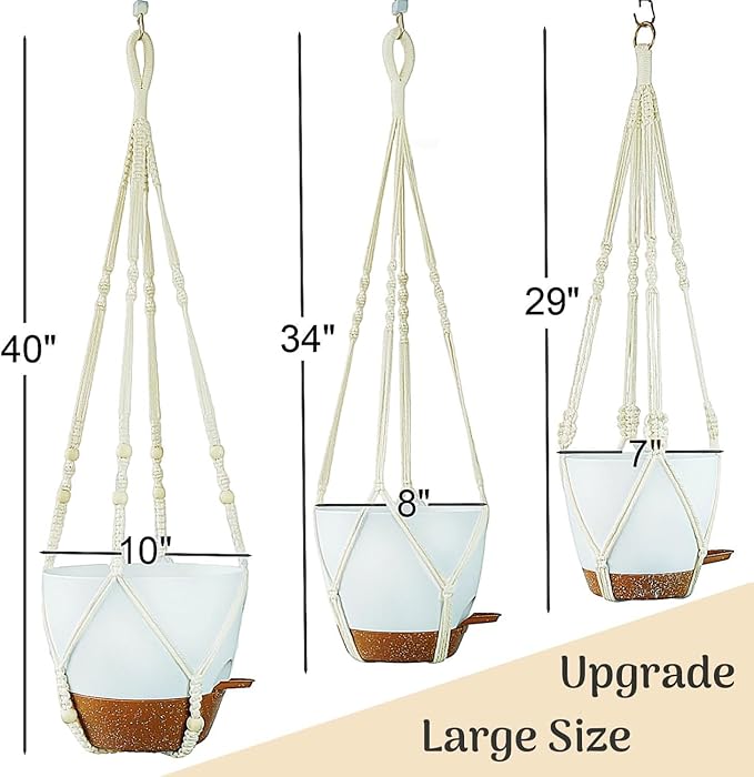 Set of 3 Hanging Planters for Indoor Plants with 10"/8"/7" Self-Watering Hanging Pots, Hanging Plant Pots with Drainage, 3 Different Size Macrame Plant Hangers with Hooks White Large