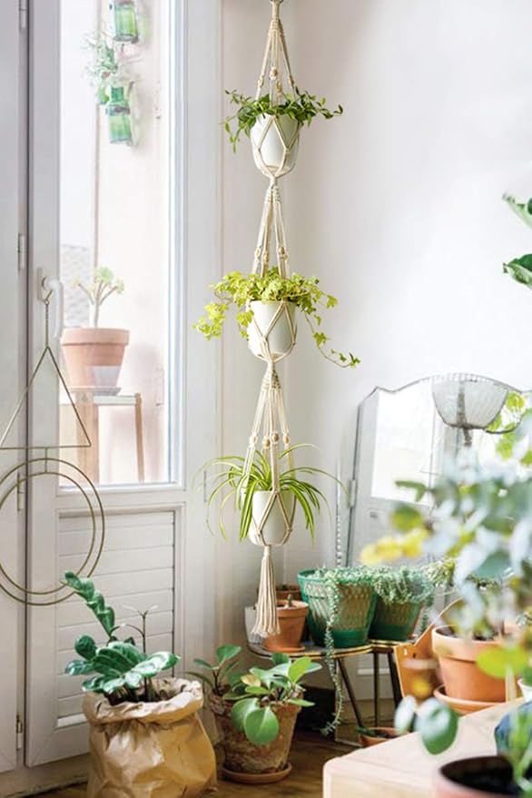 Mkono Macrame Plant Hanger 3 Tier Indoor Outdoor Hanging Planter Basket Cotton Rope with Beads 70 Inches (Pots and Plants NOT Included)