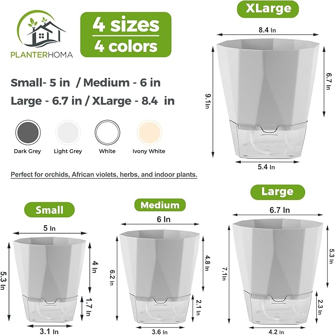 6 Pack Self Watering Plant Pots 5 Inches Self Watering Planters for Indoor and Outdoor Plants African Violet Self Watering Pots Clear Pots for Plants Herb Orchid Flower Houseplant Pots, Light Grey