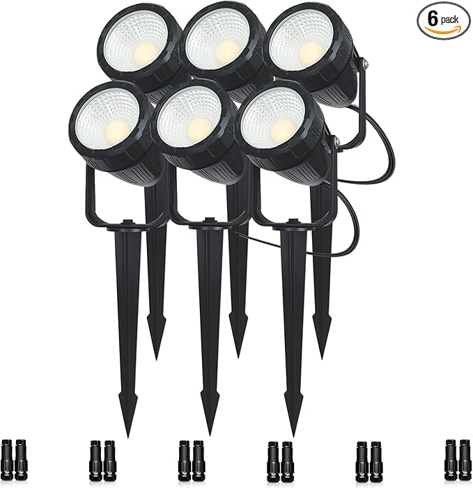 Low Voltage Safety Landscape Lights Outdoor: 7W 840LM LED Landscape Lighting with Connectors & Transformer for Tree Garden Yard Pathway | 24V Warm Yellow 3000K Spotlights | IP65 Waterproof | 6 Pack