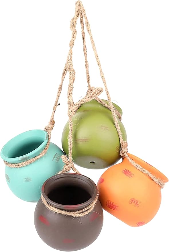 Yesland Ceramic Hanging Mini Flower Planters, Wall or Ceiling Mount - Dangling Container in Earth Tone Colored for Indoor Outdoor Decor - Set of 4