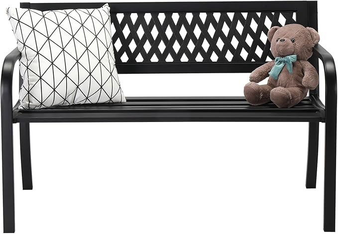 VINGLI 47'' Outdoor Bench, Weather Resistant Garden Patio Bench Powder Coated Iron Frame w/PVC Mesh Backrest Slatted Seat, 2-Person Outdoor Furniture for Front Porch Entryway Park (Black)