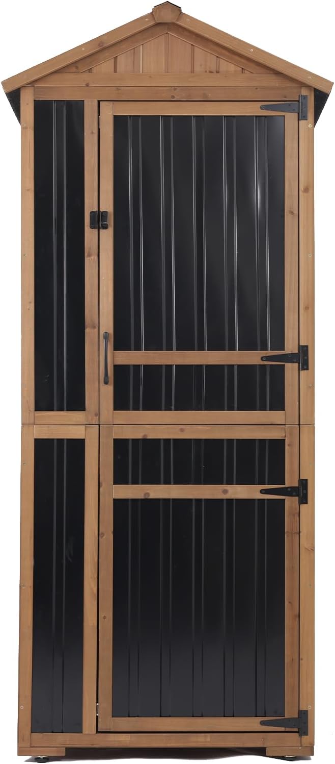 Large Outdoor Storage Cabinet with 4 Shelves, Wood Outdoor Storage Shed with Weatherproof Roof, Lockable Doors, Tall Outdoor Patio Cabinets for Garden Tool and Accessories, Brown