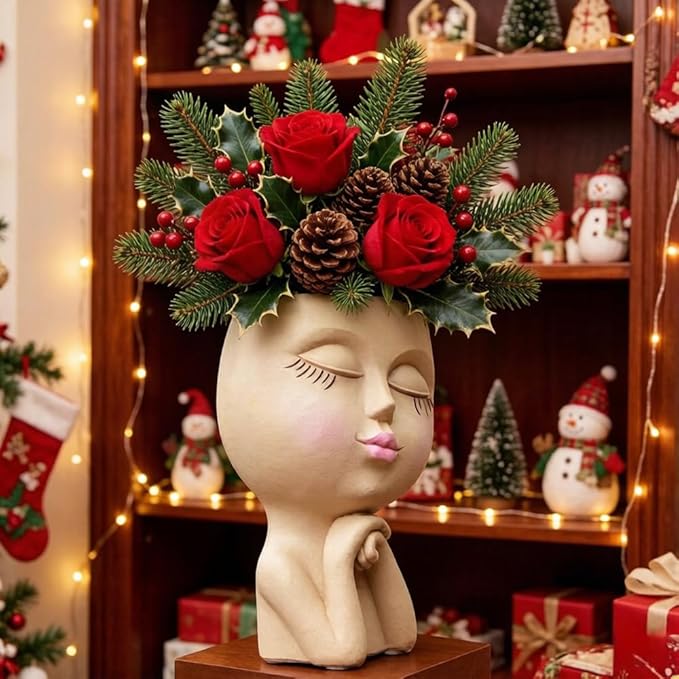Face Head Planter, Funny Heads Plant Pots, Cute Girl Faces Plant Pot, Decorative Flower Pots, Cute Succulent Pots with Drainage for Home Garden Decor, Plant Lover's Gifts for Women (7" Khaki)