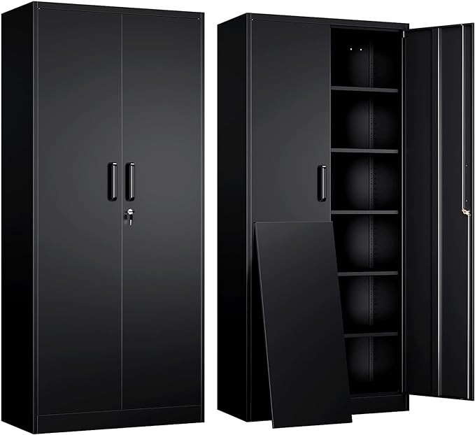 Yizosh Metal Garage Storage Cabinet with 2 Doors and 5 Adjustable Shelves - 71" Steel Lockable File Cabinet,Locking Tool Cabinets for Office,Home,Garage,Gym,School (Black)