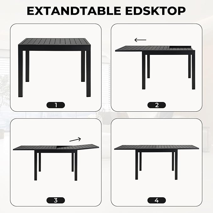 Grand patio 5-Piece Outdoor Dining Set, 4 Leather-Look Wicker Blue Swivel Patio Chairs & 1 Expandable Dining Table, Black
