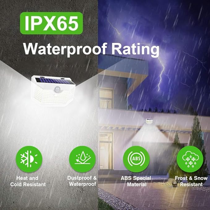 HMCITY 120 LED Solar Lights Outdoor with Motion Sensor and 3 Lighting Modes, IP65 Waterproof Wide Solar Wall Lights Ideal for Garden Patio Yard (Front Button 2Packs, White Shell-Daylight White)