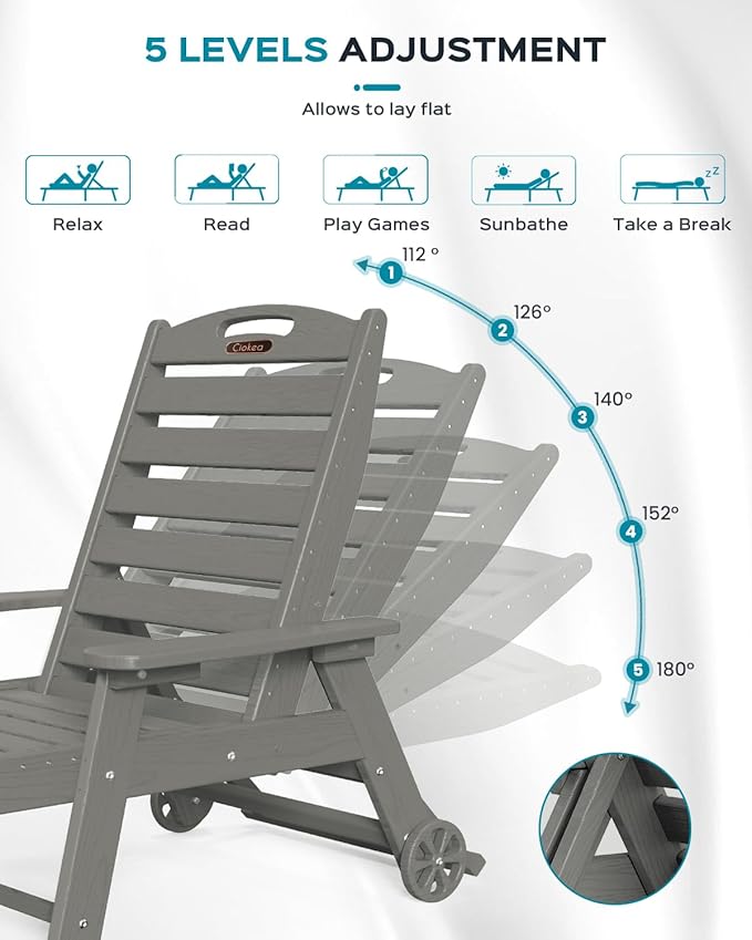 Outdoor Lounge Chair Set of 4, All Weather Patio Chaise Lounge Chairs for Outside, HDPE Chair with Rolling Wheels & Cup Holder, 5 Position, Deck, Pool, Grey