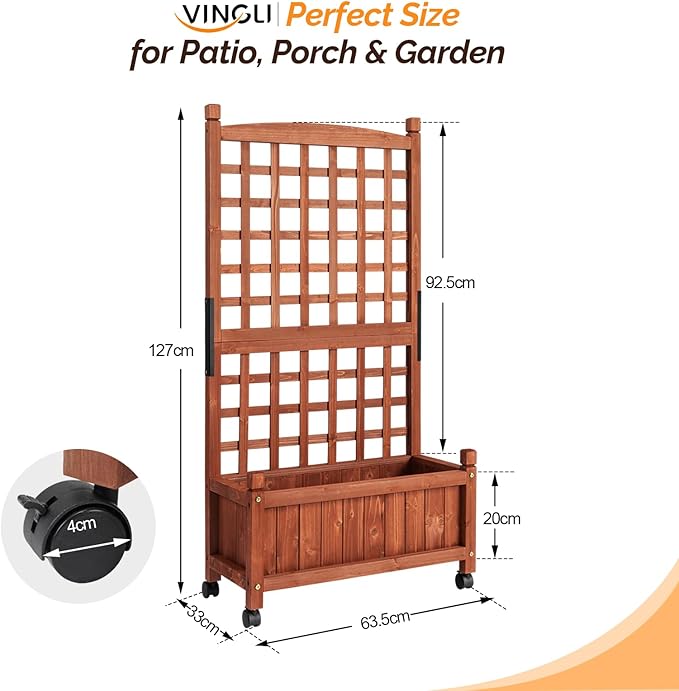 VINGLI 2PC Wooden Planter with Trellis, 50" Height Elevated Garden Beds Outdoor with Wheels, FreeStanding Planter Box with Drainage Holes for Flower, Vegetable, Fruit, Herb in Garden, Patio, Balcony