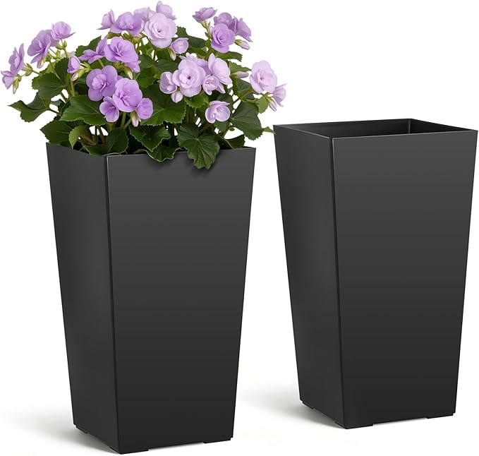 VEVOR Set of 2 Tall Planters for Outdoor Plants 22 inch, Black Tall Planter for Indoor Plants, Modern Planters for Front Porch Patio Balcony, Plant Container Flower Pots with Built-in Drainage