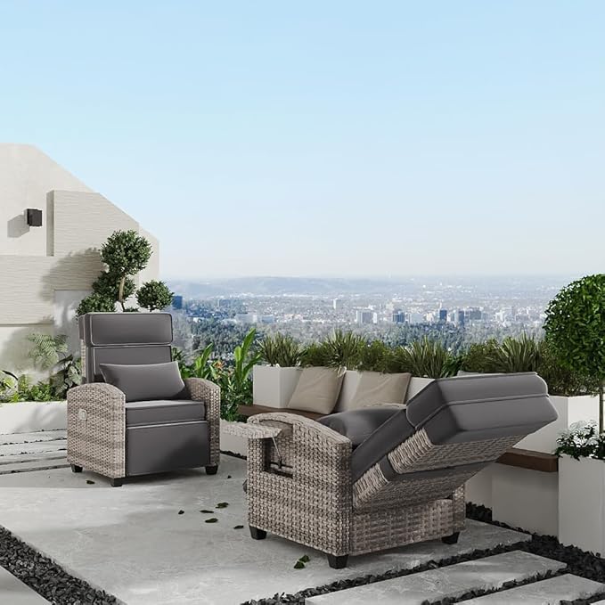Garvee Outdoor Recliner Chair, 145° Adjustable Backrest & Footrest Lounge Chair with Removable Cushion and Flip-Up Side Table, All-Weather PE Wicker & Steel Frame for Poolside, Deck, Balcony, Khaki