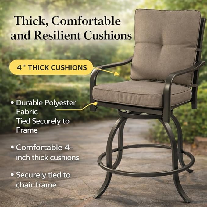 Kozyard Isabella Outdoor Swivel Bar Chairs, Counter Height Patio Bar Stools Set of 2 with Cushioned Seats, All-Weather Metal Bistro Chairs for Backyard Dining Beige