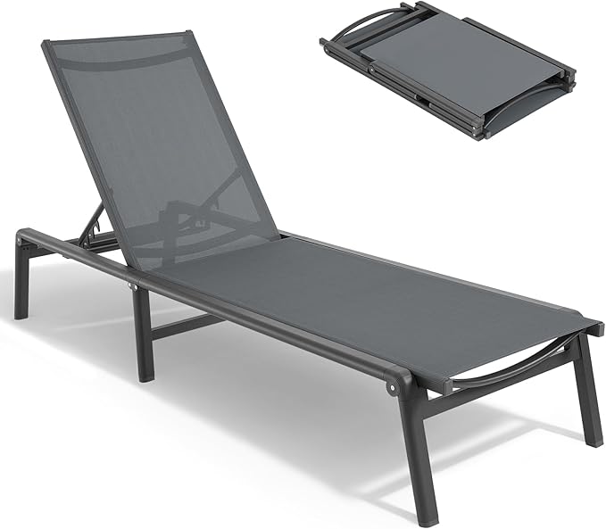 ONBRILL Aluminum Chaise Lounge Chair Outdoor, Foldable & Assembly Free Outdoor Lounge Chair with 5 Position Adjustable Backrest, Patio Pool Lounge Chairs for Outside Poolside Beach Lawn, 1PC, Grey