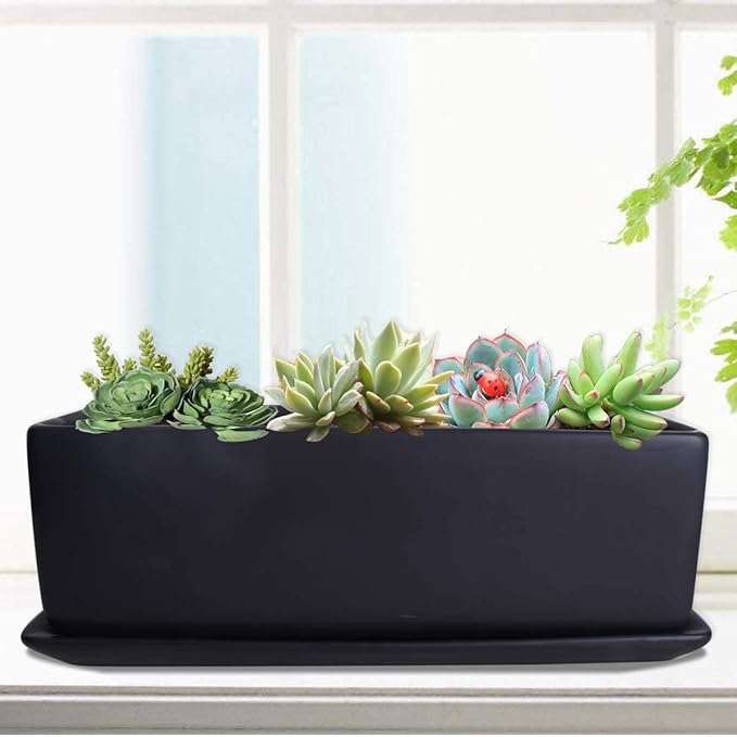 Vencer 12 Inch Rectangular Modern Minimalist Ceramic Succulent Planter Pot - Window Box with Saucer,Office Desktop Potted Stand,Black,VF-0135B