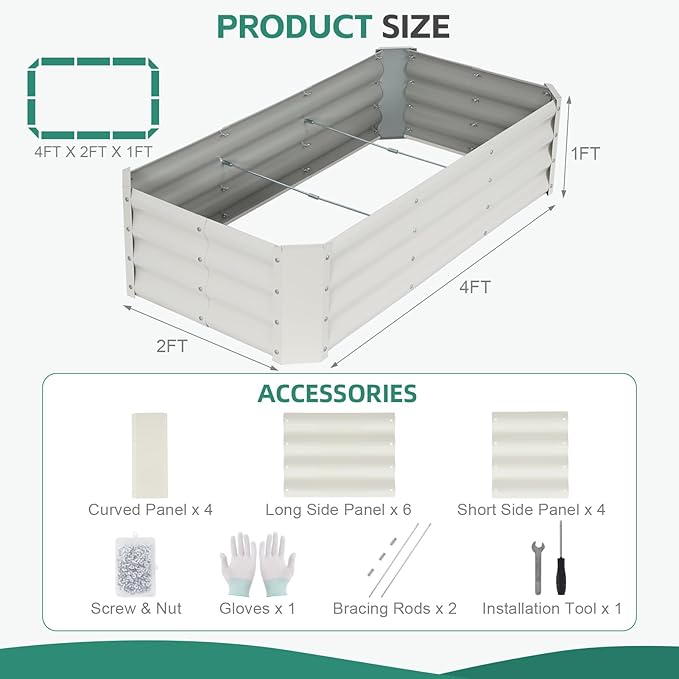 Galvanized Raised Garden Bed - 4x2x1ft Metal Garden Planter Box Outdoor | Steel Raised Bed Kit with Bracing Rods, Gloves for Gardening Vegetables Fruits and Flowers (White)