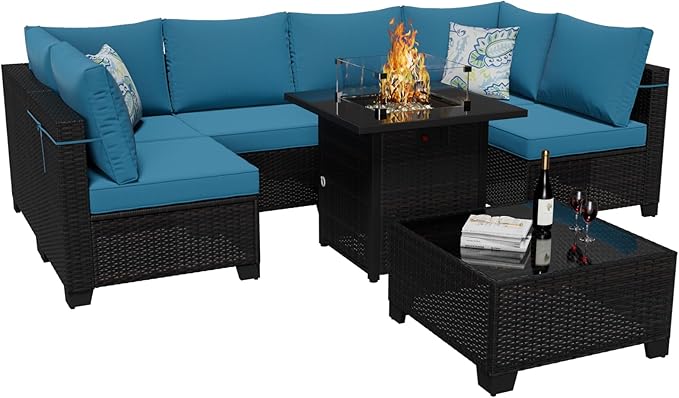 8-Piece Patio Furniture Set with 50,000 BTU Fire Pit Table - Wicker Outdoor Sectional Sofa with Thick Waterproof Cushions, Complete Conversation Set for Backyard Garden(Brown & Peacock Blue)
