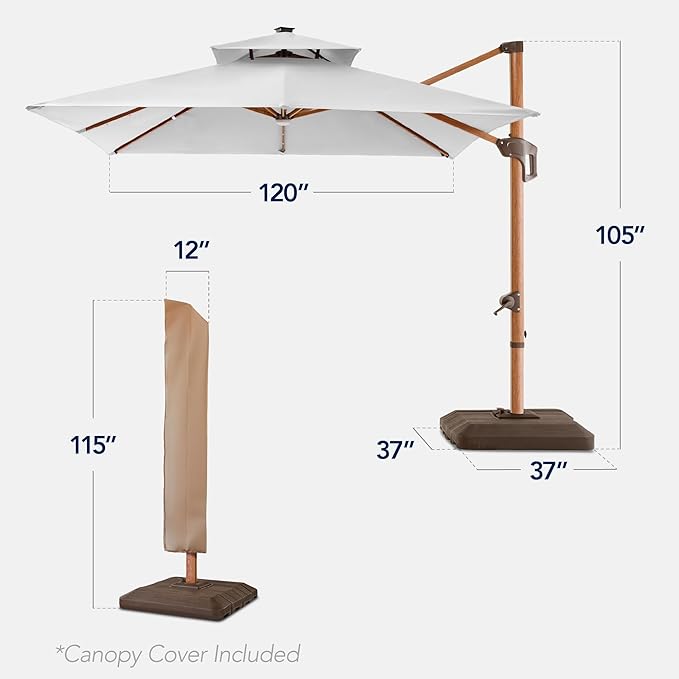 Best Choice Products 10ft Square Cantilever Patio Umbrella w/Base Included, Woodgrain Pattern Pole & Solar LED Lights, 360-Rotation, Offset Hanging Outdoor Shade - Fog Gray