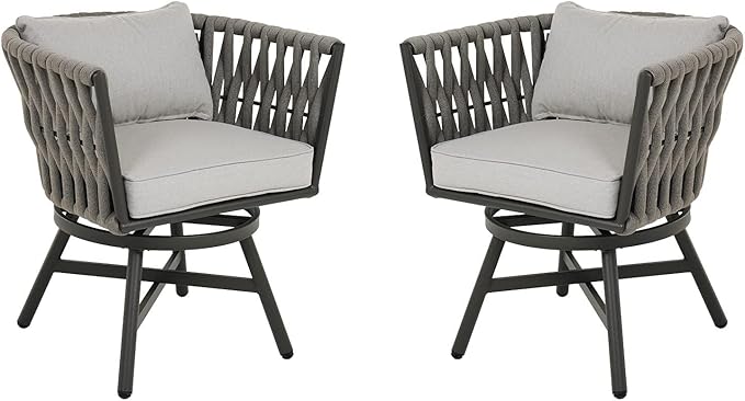 Grand patio Swivel Rope Wicker Chairs Set of 2, Patio Dining Chairs with Cushions, Wicker Armchairs Frame, Outdoor Modern Style for Backyard, Balcony, Quinn, Light Gray Brown
