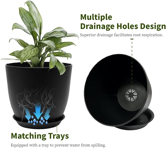 Plant Pots 8 Inch Set of 6, Flower Pots with Drainage Holes and Saucer, Plastic Garden Planters for Indoor & Outdoor Plants (Black)