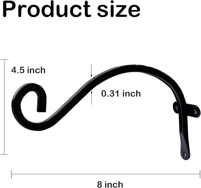 Hourleey 4 Pack Plant Hanger Outdoor, 8 Inch Heavy-Duty Hanging Plant Hook for Outside Basket, Black Metal Wall Mount Plant Bracket Hook for Flower Baskets Bird Feeder