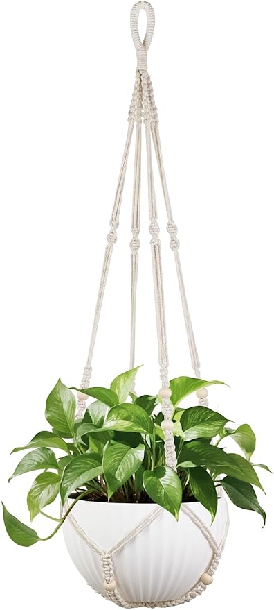 Mkono 43 Inch Macrame Plant Hanger Large for up to 12 Inch Pot Extra Long Hanging Plant Holder No Tassels Hanging Planter Basket with Wood Beads for Indoor Outdoor Boho Home Decor, Ivory