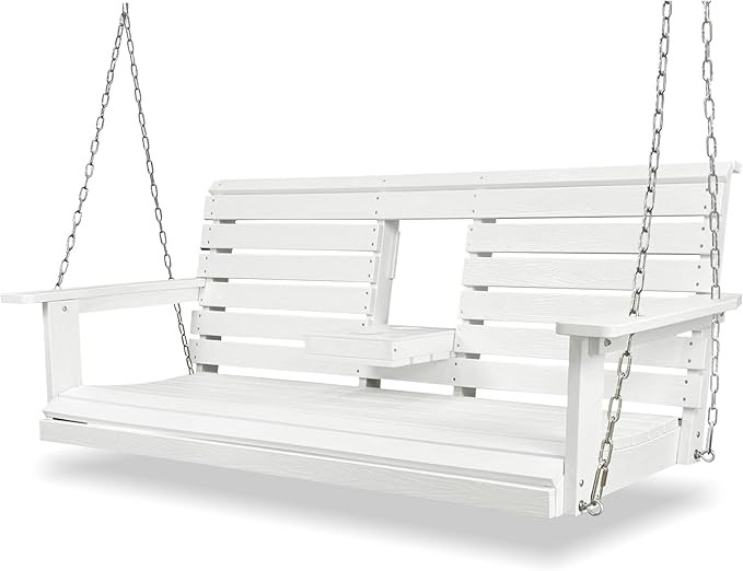 Poly Lumber 3-Seat Porch Swing, HIPS 5-Feet Bench Swing with Foldable Cup Holders,18/8 Stainless Steel Hardware, High Backrest and Deep Contoured Seat, Snow White
