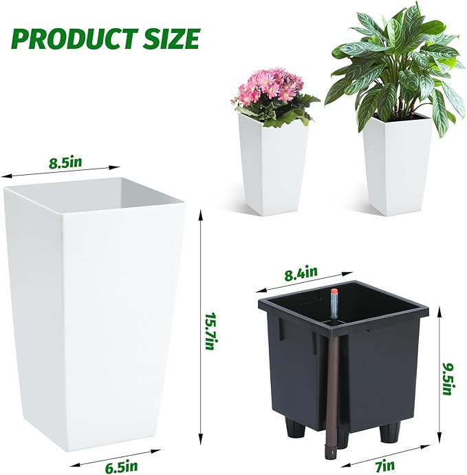 Garvee 16" Tall Planters Set of 4, Outdoor＆Indoor Black Planter Pots, High Front Porch Planter Pots with Drainage Holes＆Water Level Monitor＆Inner Bucket, White