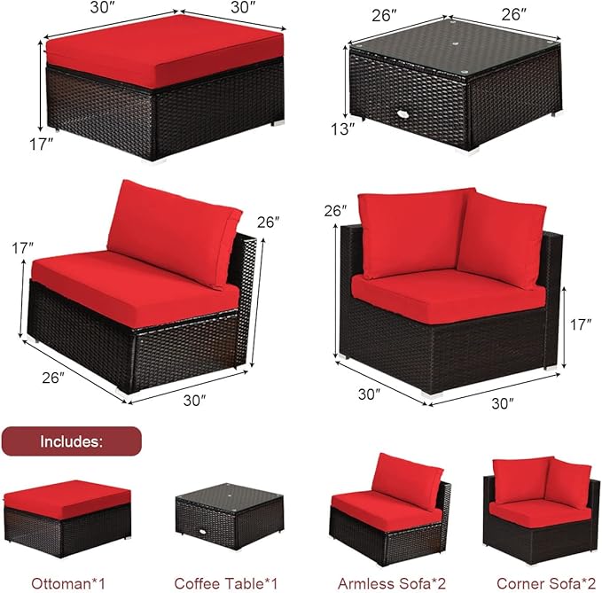Tangkula 6 Piece Patio Furniture Set, Outdoor Deck Lawn Backyard Sectional Sofa with Coffee Table, Durable Steel Frame PE Rattan Wicker Conversation Set (Red)