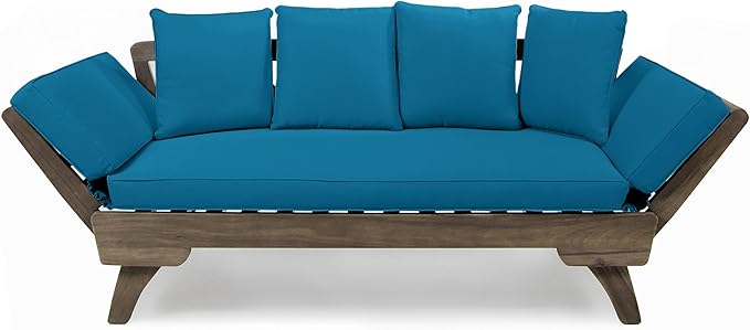 Merax Outdoor Patio Daybed Sofa,3-Seat Sofa with Foldable Arm 4 Back Pillows,Teak Acacia Wood Frame Beige Removable Cushion,Grey+Teal