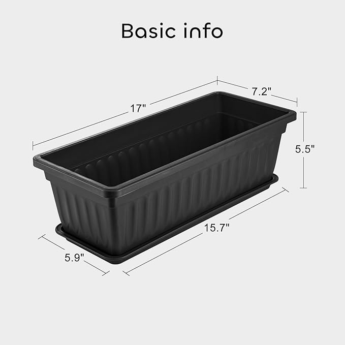 GROWNEER 6 Packs 17 Inches Black Flower Window Box Plastic Vegetable Planters Long Pots with 15 Pcs Plant Labels for Outdoor Indoor Windowsill, Patio, Garden, Home Decor, Porch