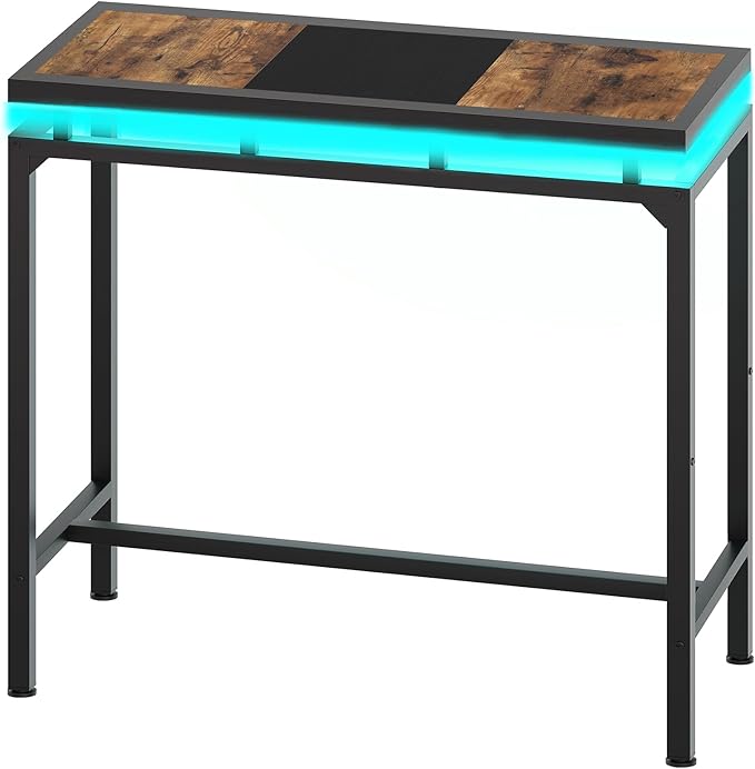 Bar Table with LED Lights, Counter Height Table, Bar Height Pub Table, Metal Frame, for Living Room, Dining Room, Pub, Black BT01DBK
