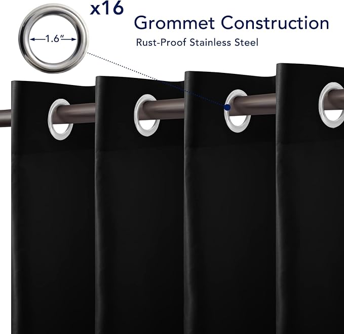 PureFit Outdoor Curtains for Patio Waterproof Weatherproof, UV Resistant Outside Curtains for Gazebo, Front Porch, Pergola, Sun Blocking Privacy Curtain, 120W x 84L inch, 1 Panel, Black