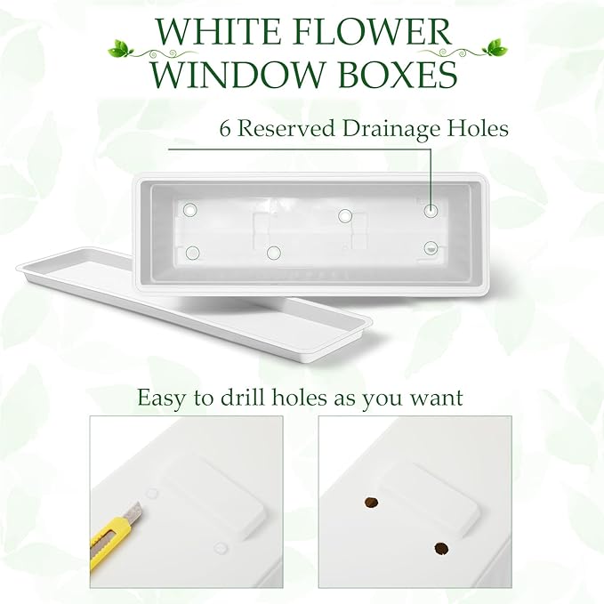 6 Packs 23 Inch Window Flower Box Extra Large Window Sill Herb Garden Long Rectangle Planter Plastic Boxes Outdoor with Drainage Trays Boxes for Balcony Windowsill Patio Garden