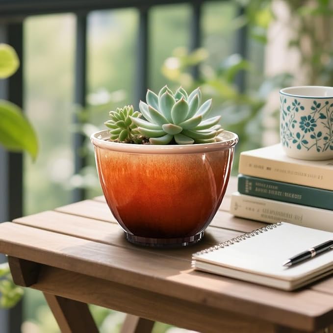 Plastic Plant Pots 8 Inch, 4 Piec Flower Pots with Drainage Hole, Modern Sleek Decorative Planter for Indoor Outdoor Succulent Snake Plants(Orange)