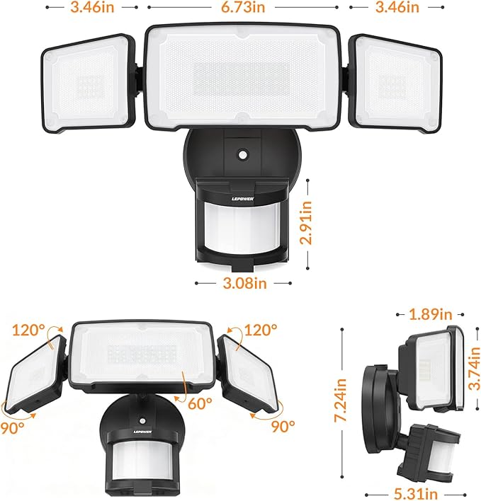 LEPOWER LED Motion Sensor Security Lights, 3 Head Motion Detected, 38W, 4200LM, Waterproof IP65, 5500K, Full Metal for Outdoor, Garage, Porch, Yard (Black)