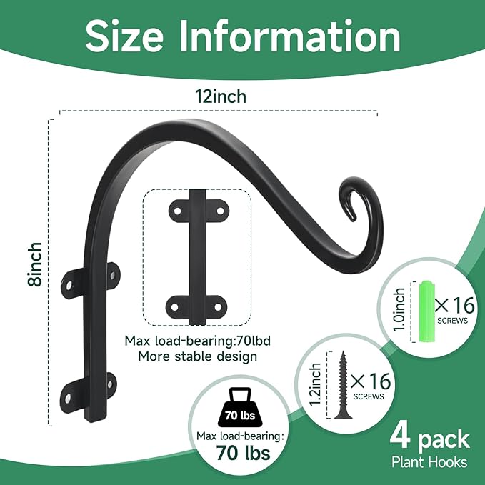 4 Pack 12Inch Plant Hanger, Sturdy Hanging Plant Bracket Hooks Outdoor, Bird Feeder Hanger for Bird Feeders, Planters, Lanterns, Wind Chimes Indoor Outdoor (Black)