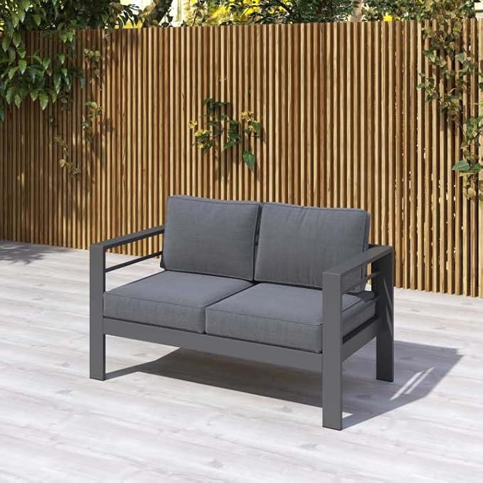 Kiss the Water Outdoor Patio Furniture Loveseat Sofa, All-Weather Metal Aluminum Patio Couch with 5" Thick and Soft Cushion and Wide Arm, Outdoor Couch for Balcony, Porch, Backyard