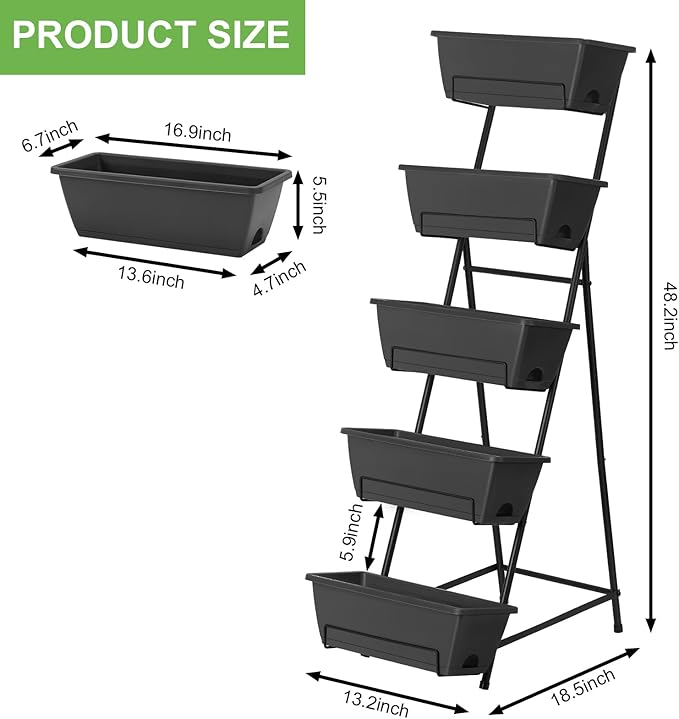 5 Tier Vertical Raised Garden Bed Planter Box, Vertical Raised Bed with Drainage Holes for Indoor Outdoor Herbs Flowers Vegetables Plants, Grey