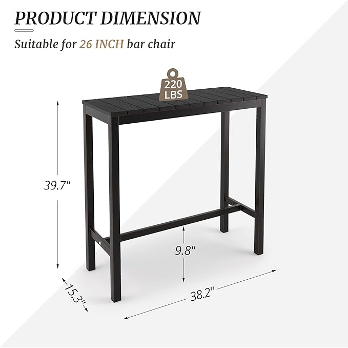 Outdoor Bar Table, 38" Patio Bar Height Counter Console Table, Black Waterproof HDPS Slatted Top and Bronze Leg, Weather Resistant, Hot Tub, Balcony, Yard, Indoor or Outdoor Use