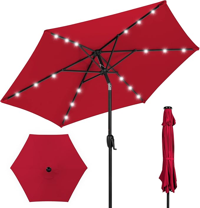 Best Choice Products 7.5ft Outdoor Solar Market Table Patio Umbrella for Deck, Pool w/Tilt, Crank, LED Lights - Red
